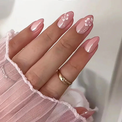 24Pcs Gradient Pink Nails Set Press on Cute French Press on False Nails Flower Design Wearable Almond Full Cover Fake Nail Tips