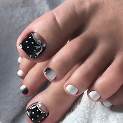 24Pcs Short Square Head Fake Nails Press on Black Edge French False Toenail Rhinestone Detachable Finished Full Cover Nails Tips