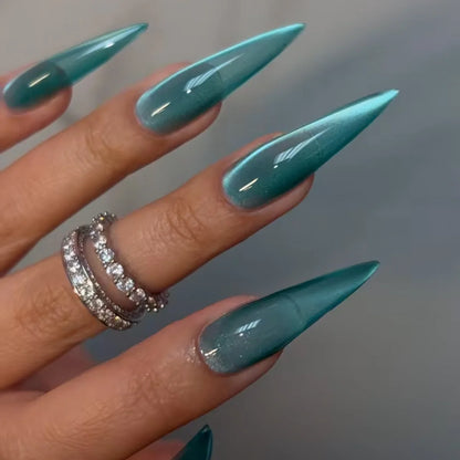 24Pcs Long Stiletto False Nails Simple Black Cat's Eye Design Press on Fake Nails Art Detachable Finished Full Cover Nails Tips