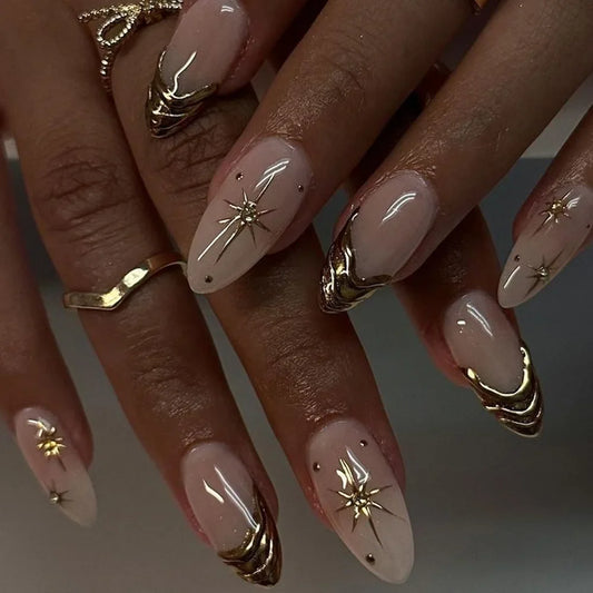 24Pcs 3D Golden French False Nails with Glue Wearable Round Head Press on Fake Nails Tips Almond Reusable Manicure for Women