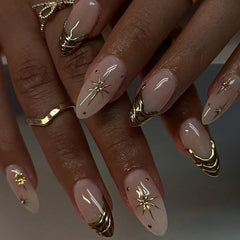 24Pcs 3D Golden French False Nails with Glue Wearable Round Head Press on Fake Nails Tips Almond Reusable Manicure for Women