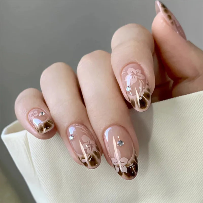 24Pcs White French Fake Nail Tips with Leopard Print Design Long Stiletto Press on False Nails Flower Wearable Almond Manicure