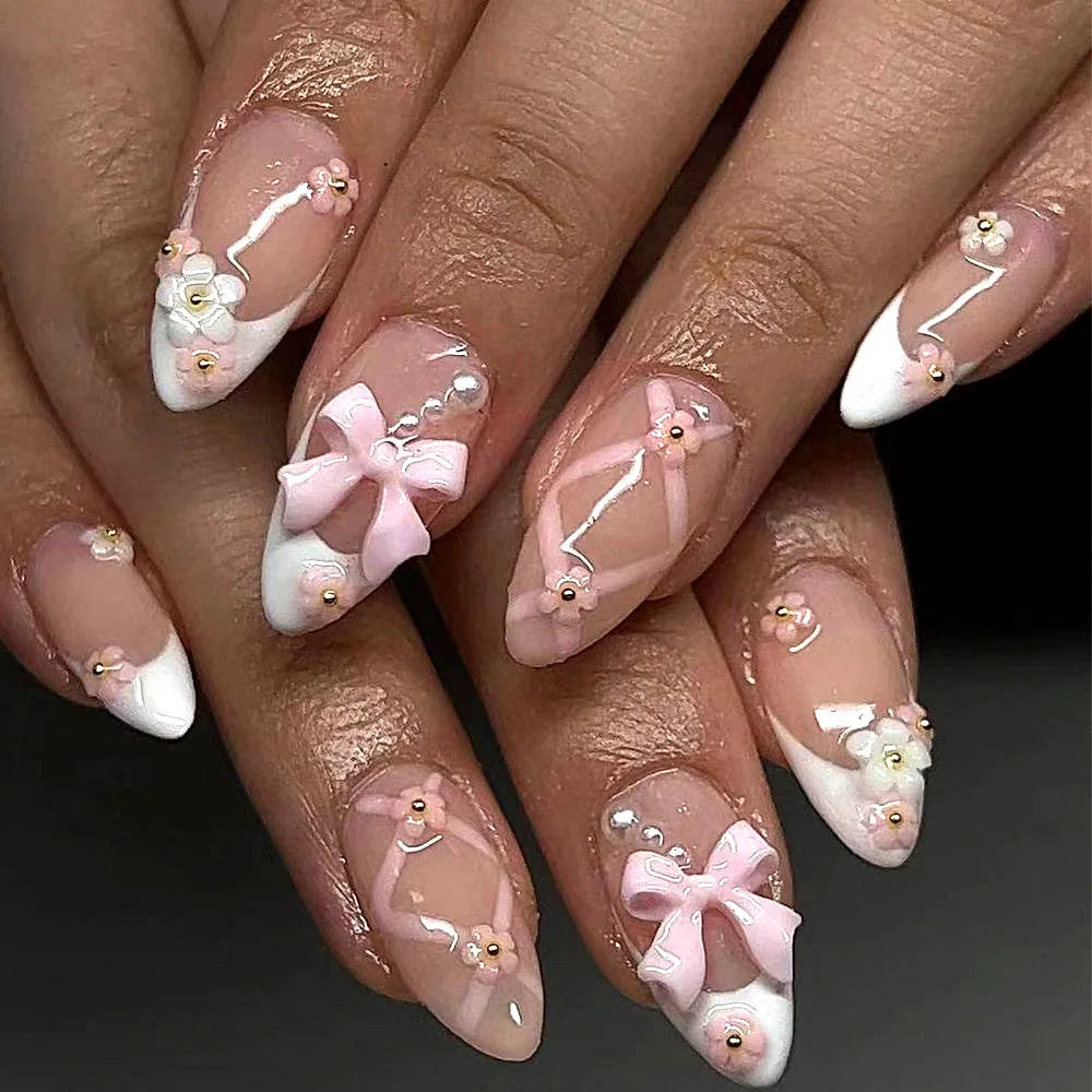 24pcs/set Medium fake nails for women girls 3D embossed flowers butterfly shell designs Summer almond tips press on false nail