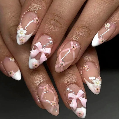 24pcs/set Medium fake nails for women girls 3D embossed flowers butterfly shell designs Summer almond tips press on false nail