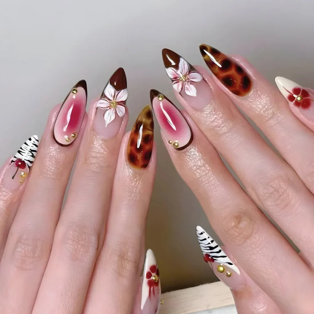 24Pcs Mid-length Blue Almond False Nails with 3D Shell Design Press on Nails Tips Butterfly Flower Pattern Datachable Fake Nail