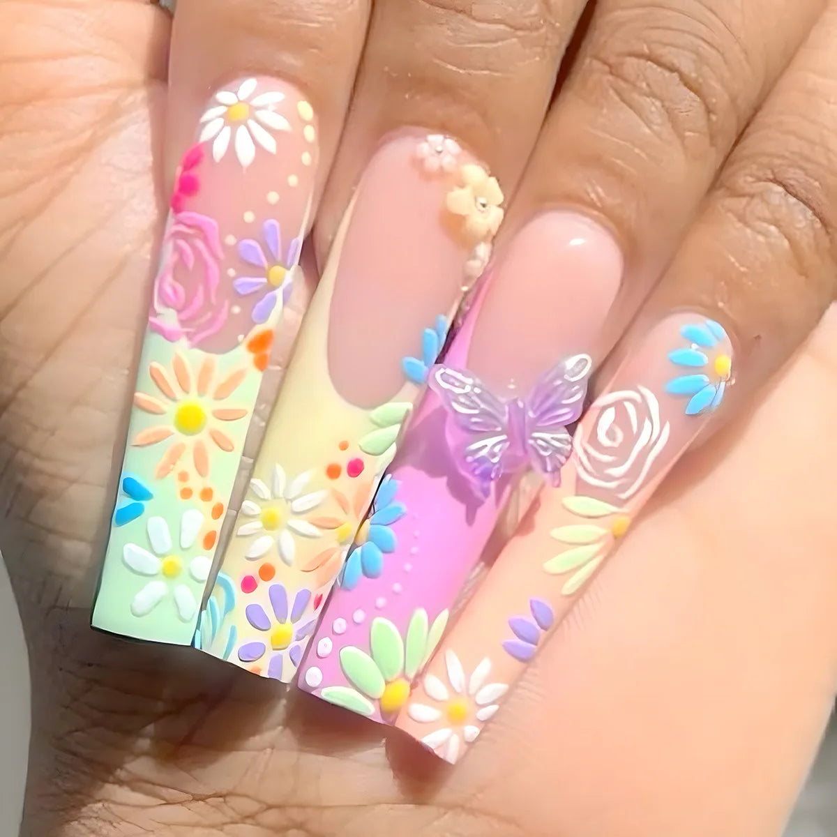 24Pcs Wearable False Nails with Rhinestone Long Square Press on Nails French Pink Flower 3D Bow Design Fake Nail Manicure Tips
