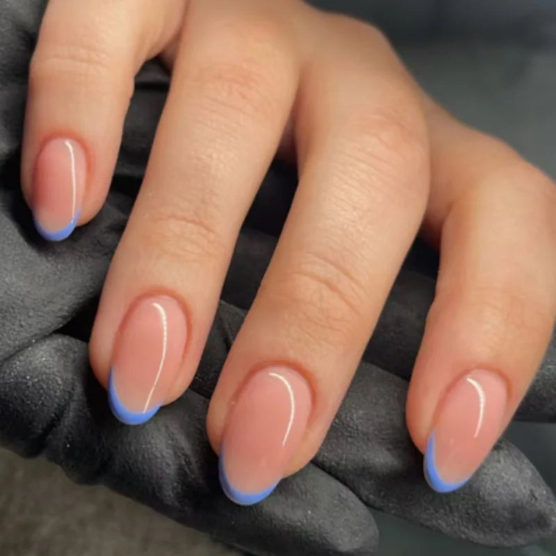 24Pcs Acrylic Round Head Fake Nail Tips Reusable Blue French False Nails Set Simple Almond Oval Full Cover Press on Nails
