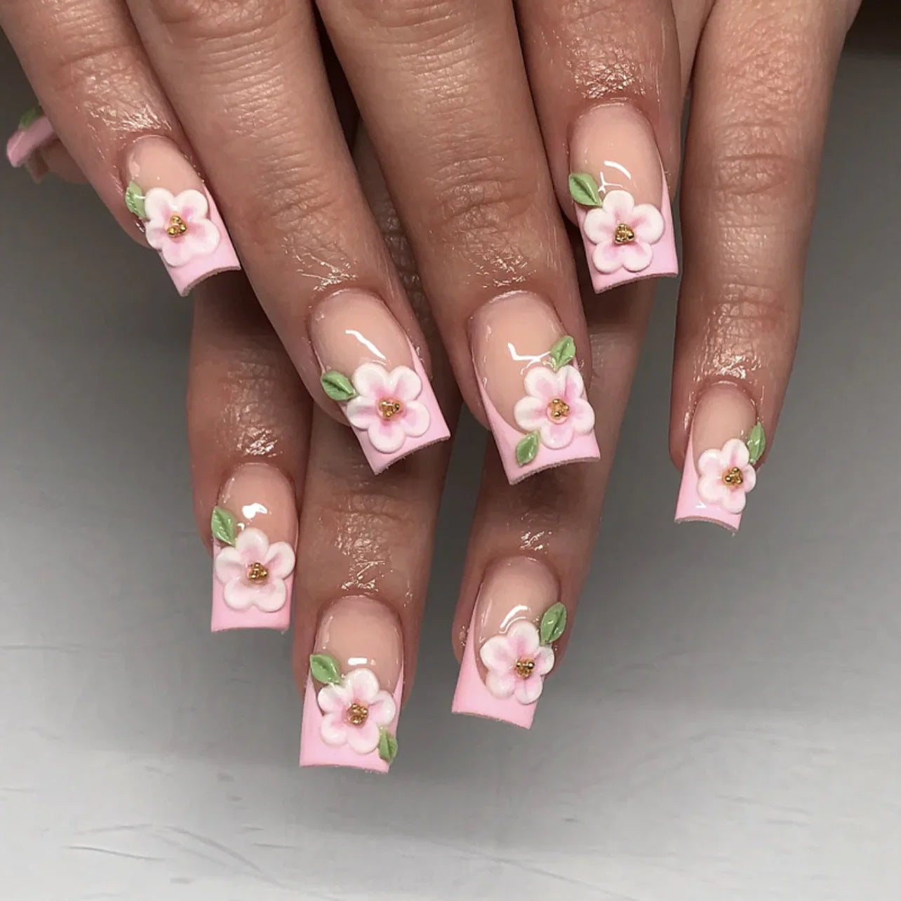 24Pcs Mid-length Square Head Press on False Nails with 3D Red Strawberry Design Wearable French Manicure Tips Ballet Fake Nail