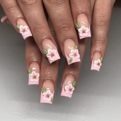 24Pcs Mid-length Square Head Press on False Nails with 3D Red Strawberry Design Wearable French Manicure Tips Ballet Fake Nail