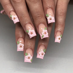 24Pcs Mid-length Square Head Press on False Nails with 3D Red Strawberry Design Wearable French Manicure Tips Ballet Fake Nail