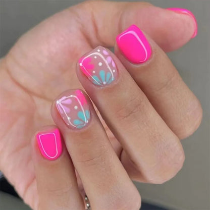 24Pcs Square Head Nails Set Press on Short False Nails with Purple Flowers Design Wearable Artificial Full Cover Fake Nail Tips