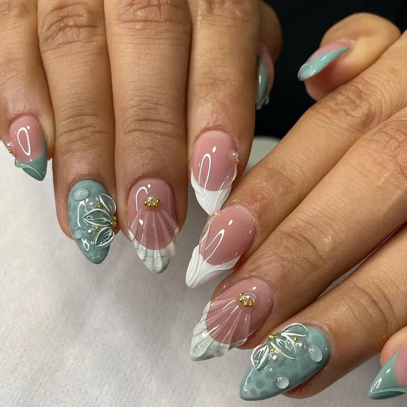 24pcs/set Medium fake nails for women girls 3D embossed flowers butterfly shell designs Summer almond tips press on false nail