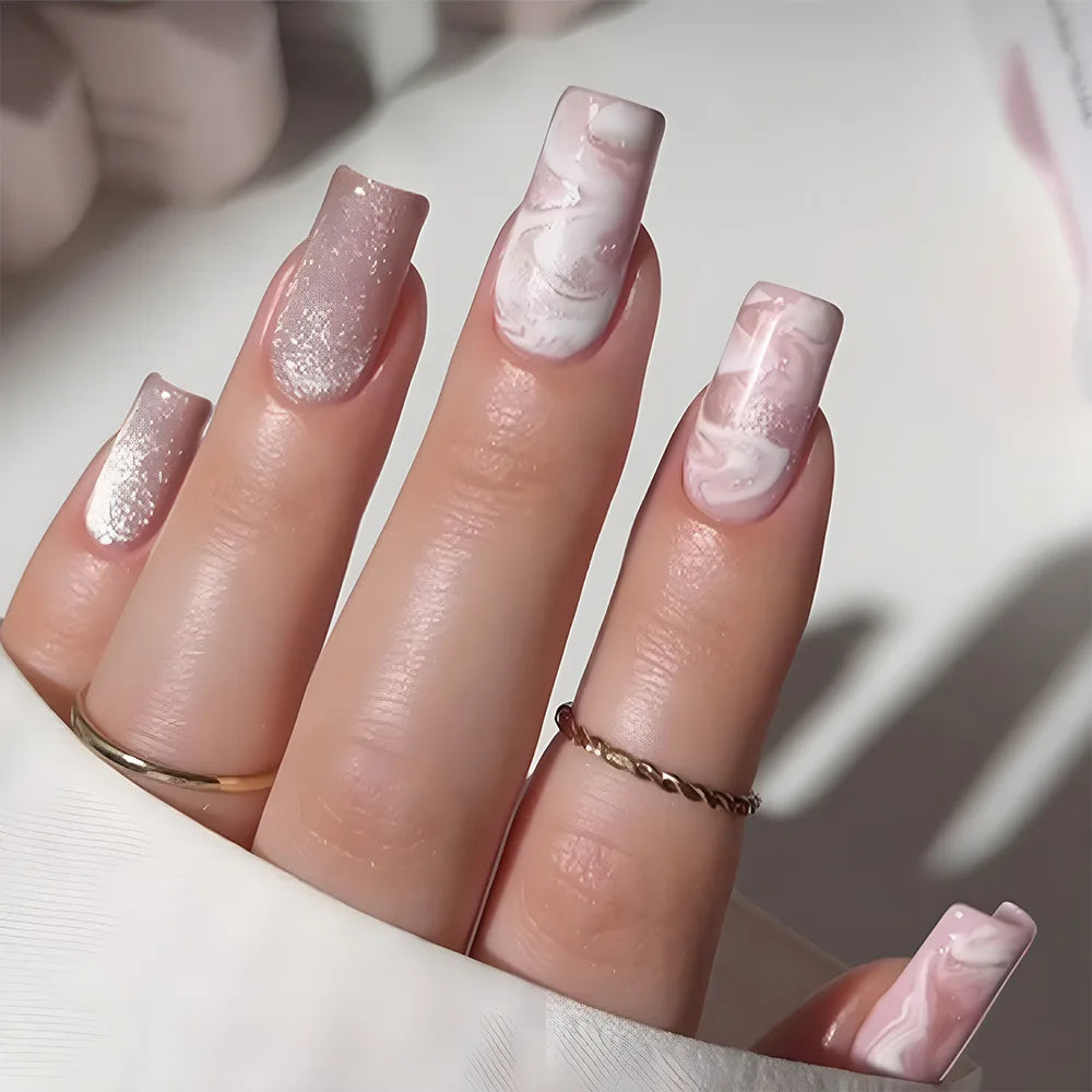 24Pcs Mid-length Square Head Full Cover Nails Tips White French Smudge Flower Design Fake Nail Art Reusable Press on False Nails