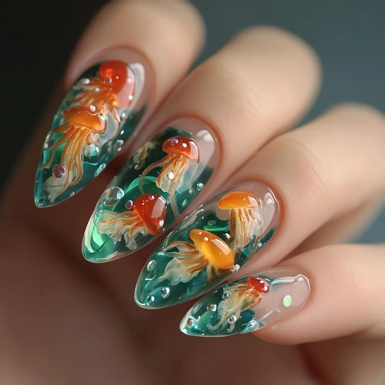24Pcs Mid-length Almond Fake Nail with Blue Stripe Smudge Design Press on Nails for Woman Datachable Full Cover False Nails Tips