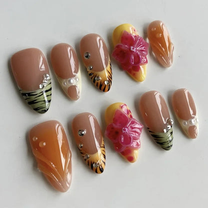 24Pcs White French Fake Nail Tips with Leopard Print Design Long Stiletto Press on False Nails Flower Wearable Almond Manicure