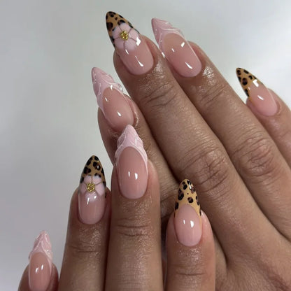 24Pcs Almond French Press on Fake Nails with Pearl Bow Design Wearable Leopard Print Pattern Nail Art Tips Long False Nails Set