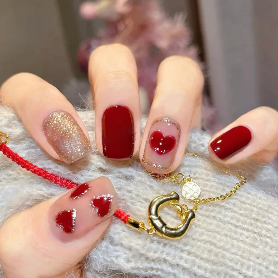 24pcs/set medium long fake nails for women cute gradient pink red heart rose flowers for Valentine's Day press on acrylic nails