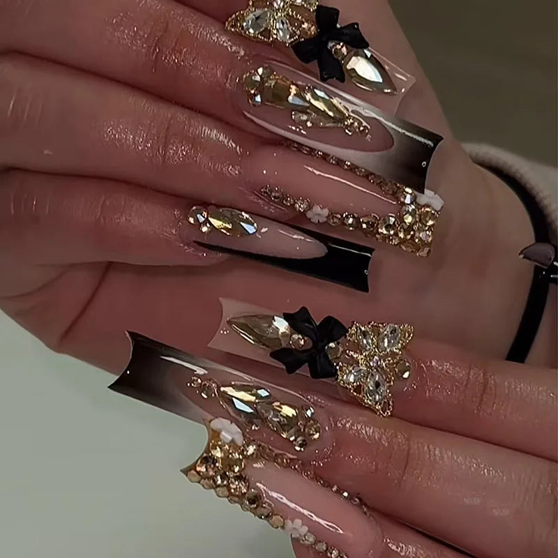 24Pcs Long French Square Head Press on False Nails 3D Blue Flower Rhinestone Design Full Cover Fake Nails Tips Wearable Manicure