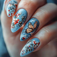 24Pcs Mid-length Almond Fake Nail with Blue Stripe Smudge Design Press on Nails for Woman Datachable Full Cover False Nails Tips