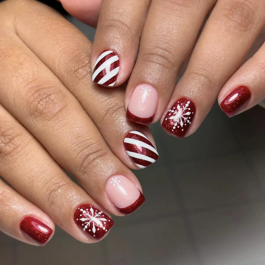 24Pcs Short Square Fake Nails Red French Press On Nails Snowflake/Striped Printed Women Girls Christmas Party False Nails