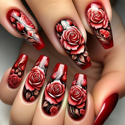 24pcs/set medium long fake nails for women cute gradient pink red heart rose flowers for Valentine's Day press on acrylic nails