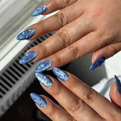 24Pcs Mid-length Almond Fake Nail with Blue Stripe Smudge Design Press on Nails for Woman Datachable Full Cover False Nails Tips