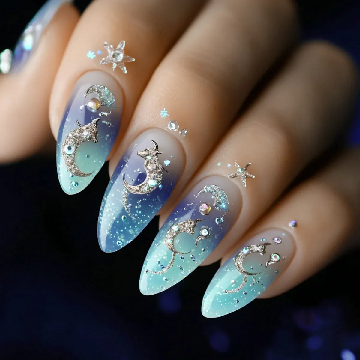 24Pcs Mid-length Almond Fake Nail with Blue Stripe Smudge Design Press on Nails for Woman Datachable Full Cover False Nails Tips