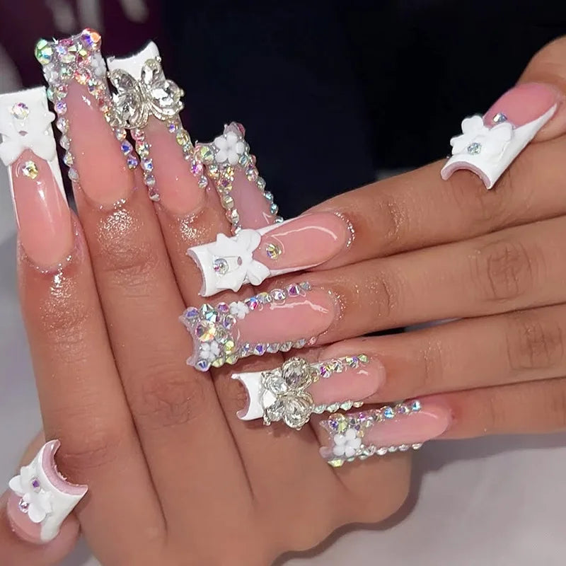 24Pcs Long Square Head French Fake Nails Press on 3D Bow Pearl with Design Full Cover Nails Tips Reusable Artificial False Nails