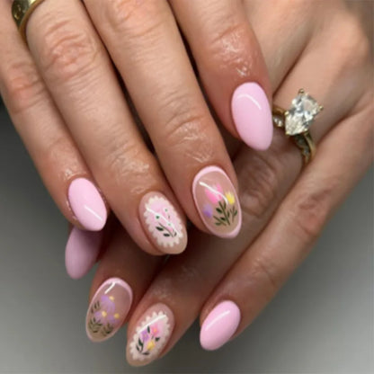 24Pcs Simple White Fake Nail Tips with Flower Bow Polka Dot Design Short Round Head Press on Nails Detachable Blue False Nails