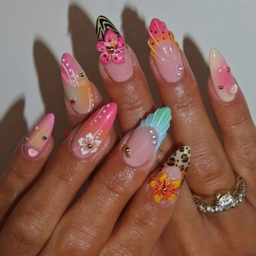 24Pcs Mid-length Blue Almond False Nails with 3D Shell Design Press on Nails Tips Butterfly Flower Pattern Datachable Fake Nail