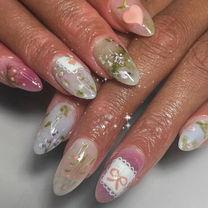 24Pcs Mid-length Almond Fake Nail with Colorful Checkered Pattern Press on False Nails Dopamine Datachable Full Cover Nails Tips