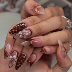 24Pcs Mid-length French Almond Full Cover Nails Tips Cherry Colorful Flower Design Press on Fake Nails Detachable False Nail Art