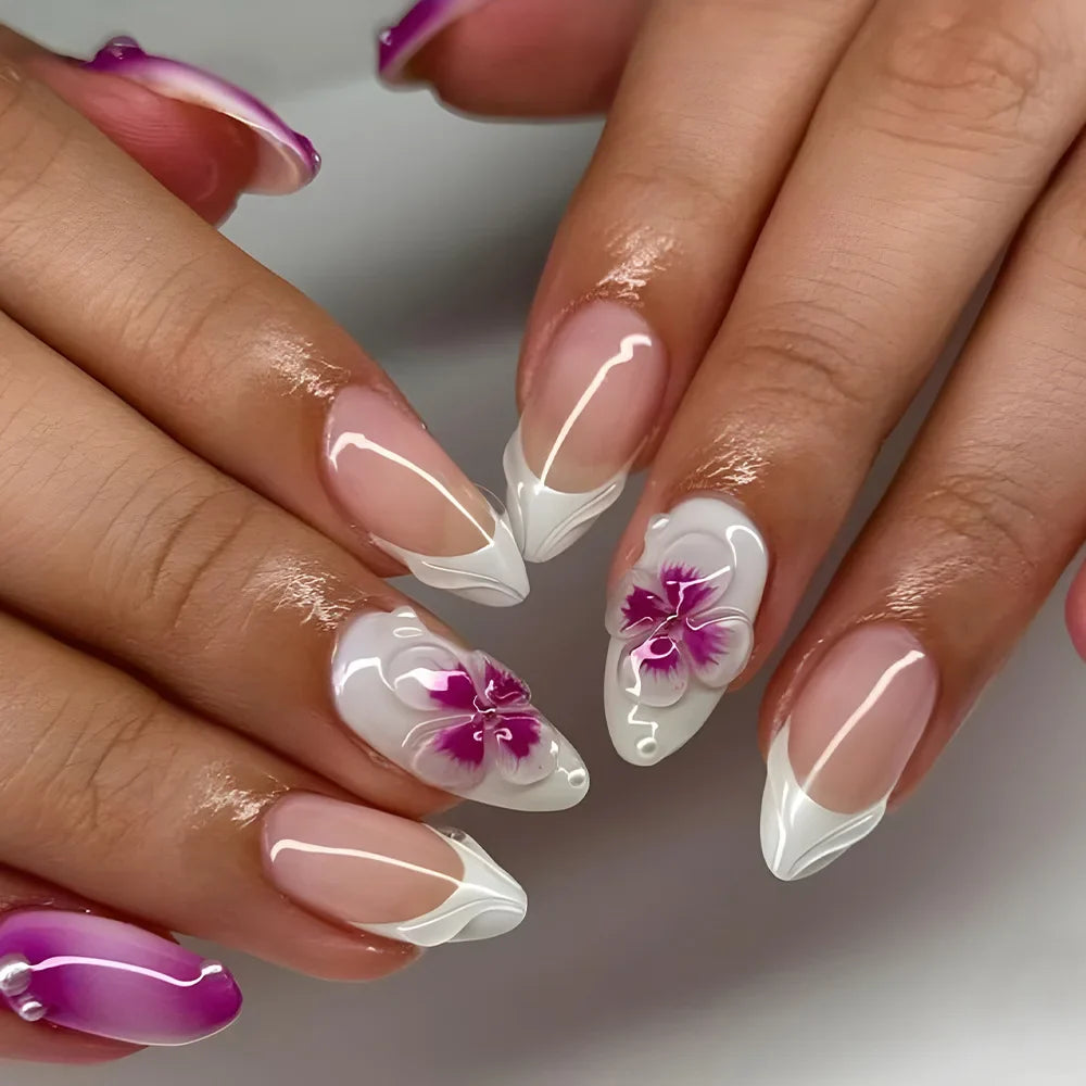 24Pcs Almond Shape Head Press on Fake Nails Short Round Head Full Cover Nail Tip Art Starfish Design French Colorful False Nails