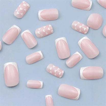 Minimalist Nude Color Fake Nails 24Pcs White French Press On Nail Love Heart Printed Women Valentine's Day/Dating Charm Manicure