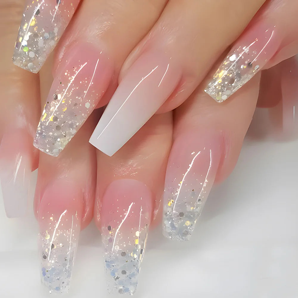 24pcs/set Glitter fake nails for women girls super flash sparkling gradient pink black tips faux ongles press on false nail art