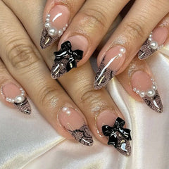 24Pcs Mid-length Almond Fake Nails Press on With Black Star Moon Design False Nail Shiny Powder Detachable Full Cover Nails Tips