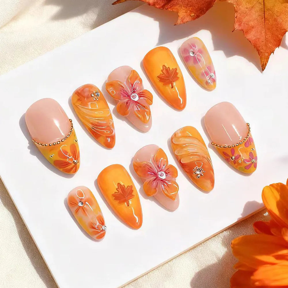 24Pcs Gilded 3D Flower Press on Nails Black French Leopard Print False Nails Mid-length Almond Wearable Full Cover Fake Nail Tip
