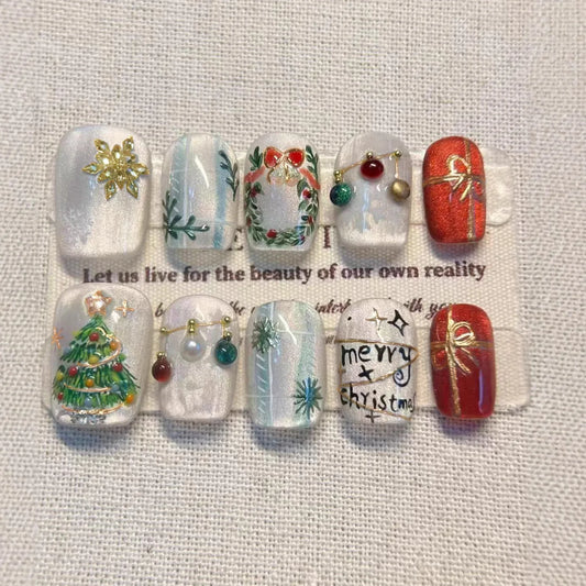 24Pcs Short Square Fake Nails Press on 3D Snowflake Christmas Tree Full Cover Nails Tips Cat's Eye Gilded Detachable False Nails