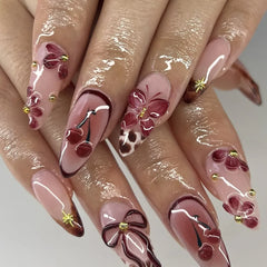 24Pcs Mid-length Almond Press on Fake Nails with 3D Flower French Leopard Print False Nails Pearl Wearable Full Cover Nails Tips