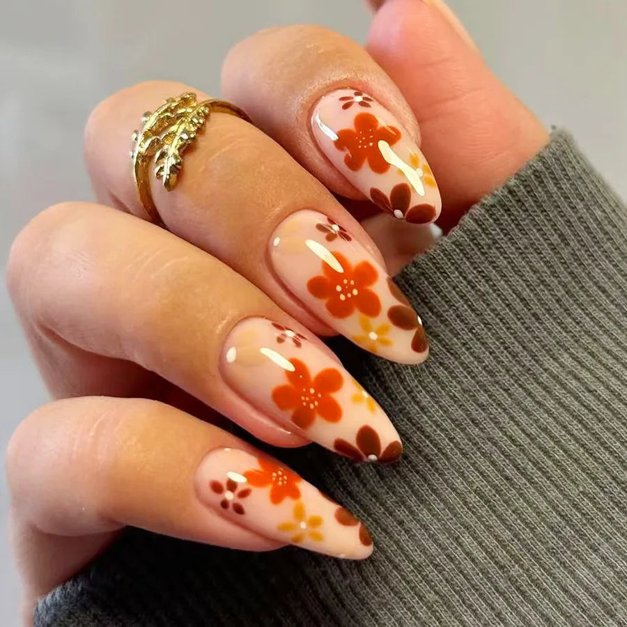 24Pcs Mid-length Almond Press on Fake Nail with French Flower Shiny Powder Design False Nails Art Reusable Full Cover Nails Tips