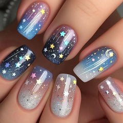 Shiny Blue Fake Nails 24Pcs Short Square Press On Nails Sparkly Gold Star Designs Reusable Acrylic False Nails Tips for Woman