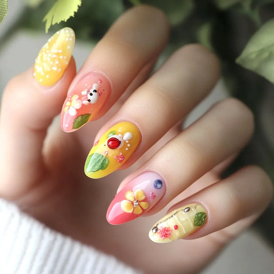 24Pcs Yellow French Fake Nails Mid-length Almond Detachable Press on False Nails Ladybug Strawberry Flower Full Cover Nails Tips