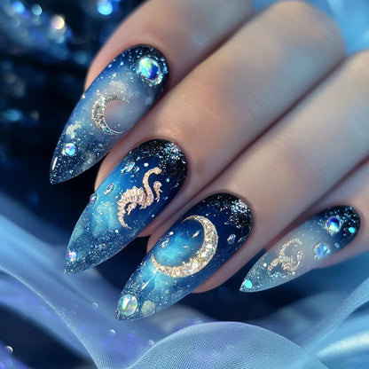 24Pcs Mid-length Almond Fake Nail with Blue Stripe Smudge Design Press on Nails for Woman Datachable Full Cover False Nails Tips
