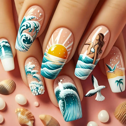 24pcs/set Medium long fake nails Gradient blue ocean fish sun flowers butterfly square ballet summer tips press on false nail