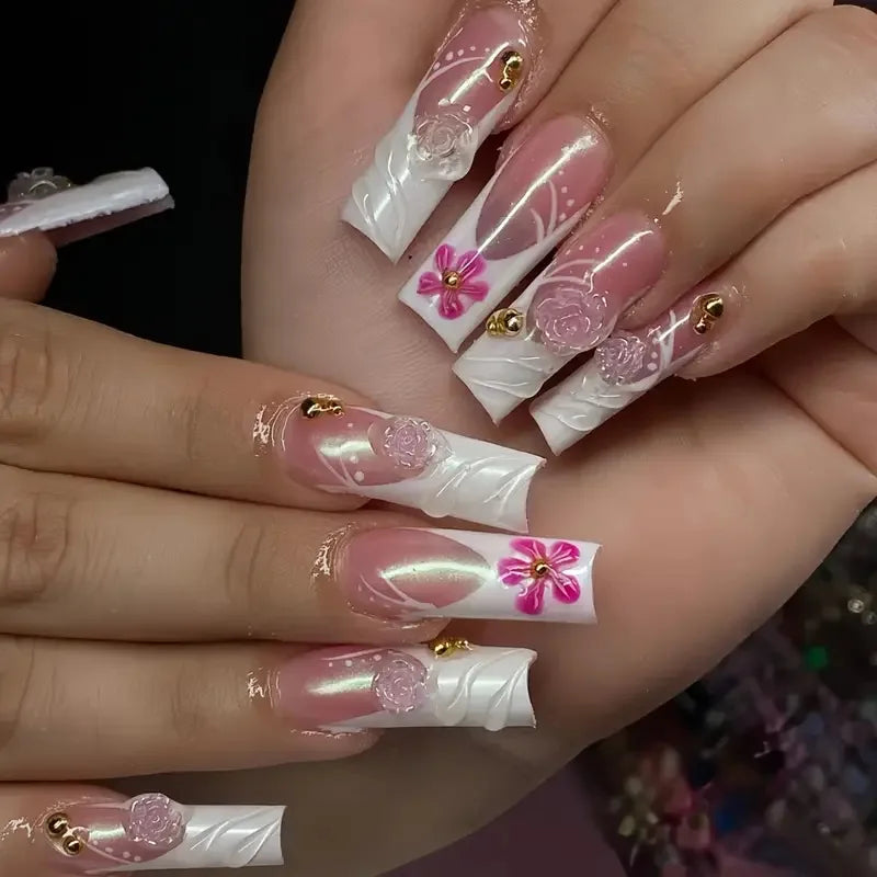 24Pcs Red Smudge French Full Cover Nails Tips Art Long Square Head Fake Nails 3D Flower Rhinestone Wearable Press on False Nails