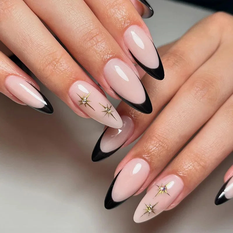 24Pcs Mid-length Blue Almond False Nails with 3D Shell Design Press on Nails Tips Butterfly Flower Pattern Datachable Fake Nail