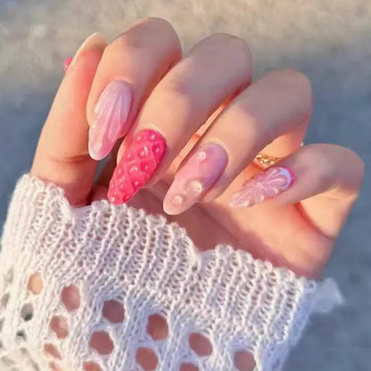 24Pcs Mid-length Almond Fake Nail with Blue Stripe Smudge Design Press on Nails for Woman Datachable Full Cover False Nails Tips