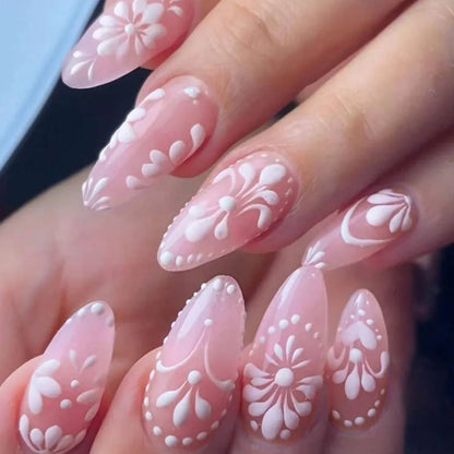 24pcs/set fake nails for women girls 3D embossed flowers cute pink blue leopard print Almond Square tips press on false nail