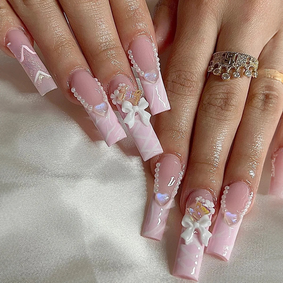 24Pcs Long Square White Pink French Press on Nails 3D Bow Flower Design False Nails Reusable Finished Full Cover Fake Nails Tips