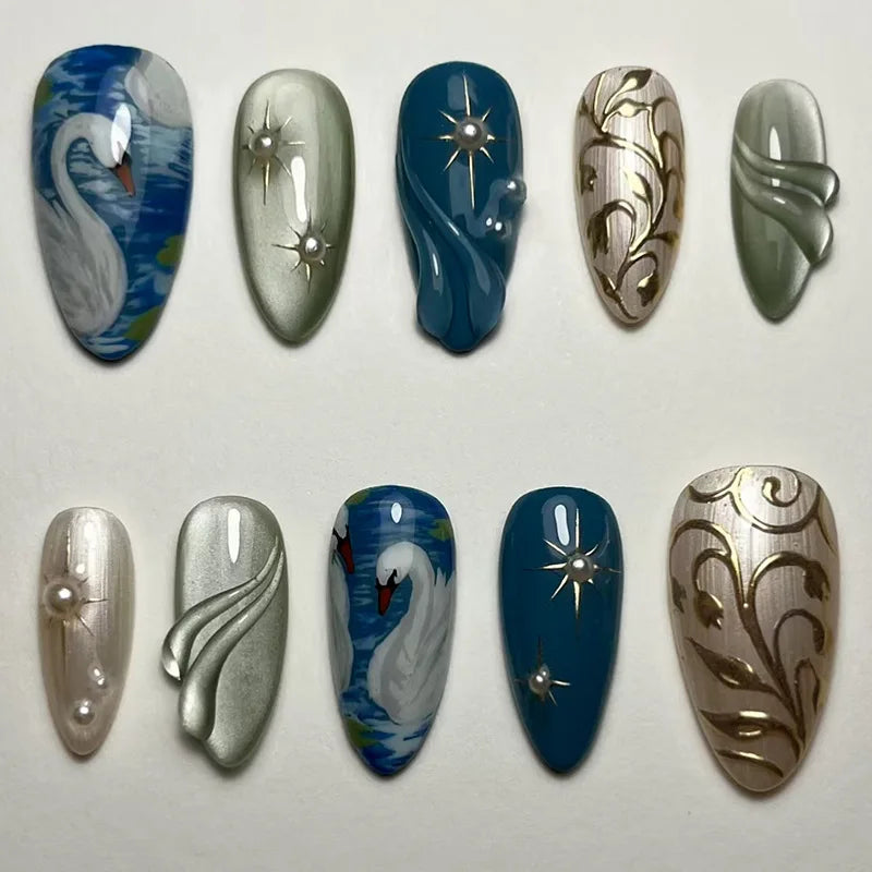 24Pcs Almond Fake Nail with Star and Moon Design Mid-length Round Head Press on False Nails Wearable Full Cover Nail Tips